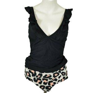 Beachsissi Womens Medium Ruffle Shoulder Leopard Print Tankini Swimsuit Set